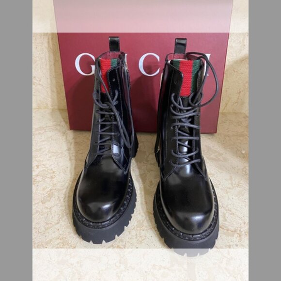 Gucci Thea Leather Web Combat Booties (Fit runs Small) Order Size Up (10B/40EU) - Picture 2 of 6